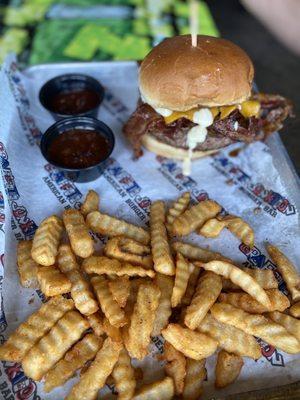 One of many burgers with fries- the burger is much bigger than it looks