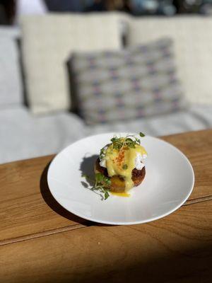 Eggs Benedict: Manchego biscuit, chorizo, avocado, and hollandaise