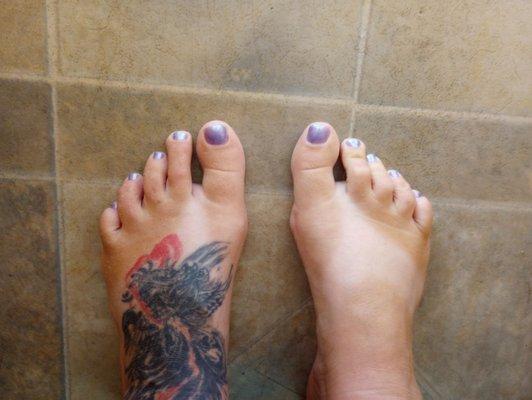 My toes, my feet, and my legs are all looking and feeling great. LOVE this shiny purple polish!