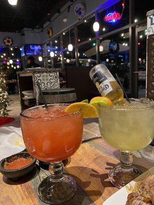 Strawberry margarita on the left and the Corona-rita on the right (size large)