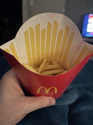 Large size. This is straight out of the bag, I hadn't eaten a single fry. And no, fries did not spill into the bag.