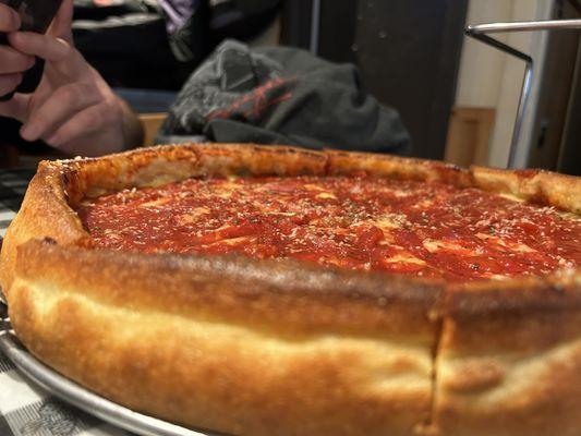 Chicago Deep Dish Pizza w/ sausage, pepperoni and red onion.