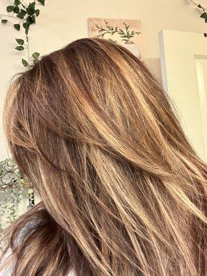 Balayage- caramel high and low tones with heavily layered cut. ASK FOR JULIA!!!