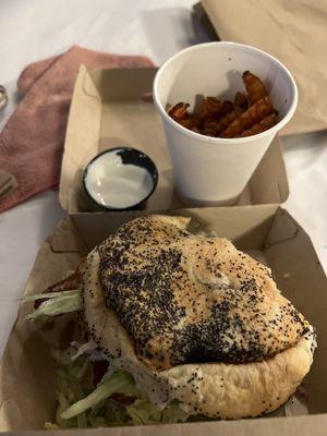 Sweet potato fries, marshmallow sauce. Bacon Bleu Burger  yum!