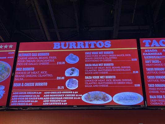 Burritos menu