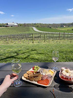 Little cheese board with some complimentary bread overlooking the vineyard