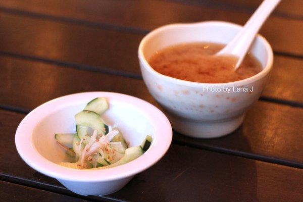 Complementary cucumber salad and miso soup