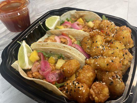 Salmon Tacos w/ bang bang tots