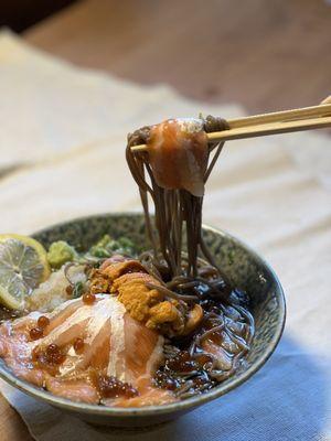 Oroshi soba with uni, salmon, sweet shrimp, ikura