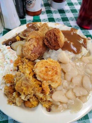 Slaw, Sweet Potato Casserole, Cheese Biscuit, Hushpuppy, Butterbeans, Mashed Potatoes, Fried Chicken, Hamburger Steak