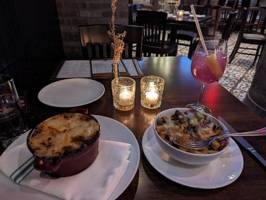 Shepherd's pie and dirty fries with a Purple Rain to drink