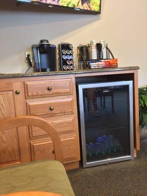 Keurig, tea and bottled water in the waiting room