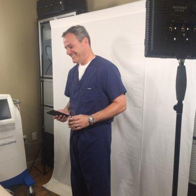 Behind the scenes filming Dr. Gerrish, Coolsculpting expert.