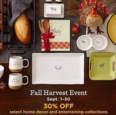 Fall Harvest 30% off select entertaining and home decor