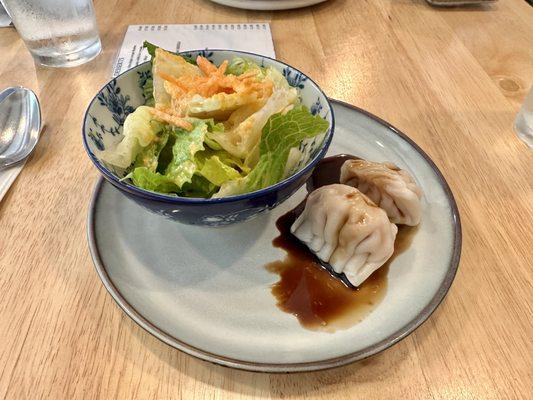 Side salad and two shrimp dumplings