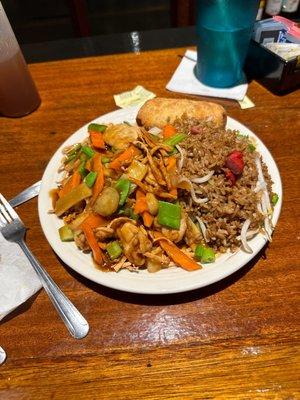 Subgum chix chowmein w rice and egg roll