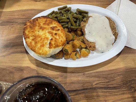 Chicken Fried Steak with Gravy, Fried Okra, Green Beans and Cathead Biscuit