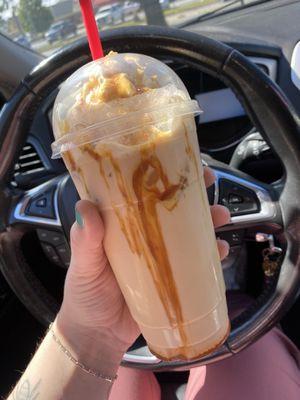 Large Iced Caramel Latte with whip and caramel drizzle!