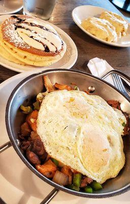 Steak Skillet with cinnamon pancakes and a side of biscuits and gravy