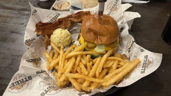 Fried Pickle Burger, side of bacon, fries and potato salad