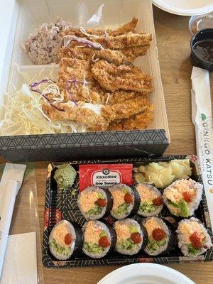 Chicken katsu, spicy Cali rolls