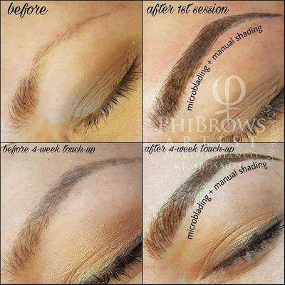 Another great example of the 2-Stage process, in this case, microblading + manual shading. That 4-week touch-up makes all the difference!