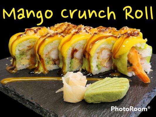 Inside: Shrimp Panko Tempura, Kani and Avocado
Top: Mango Slices, Tempura Flake, Mango Sauce and Eel Sauce