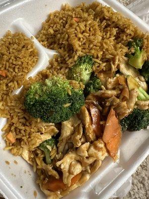 Chicken and broccoli with pork fried rice