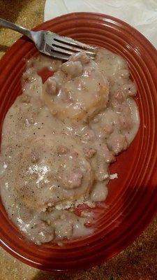 Sausage gravy and biscuits.