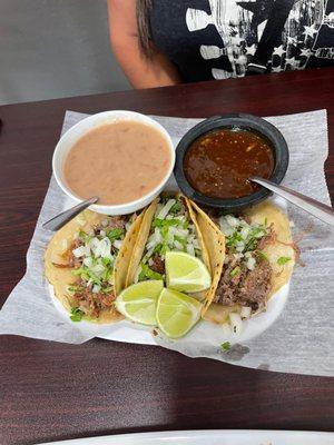 3 Taco's Plate - 2 of Carnitas and 1 of Cabeza  with all beans no rice.