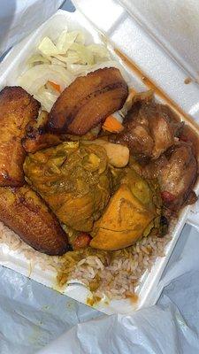 Brown stew chicken , curry chicken , rice and peas , cabbage, & sweet plantain .