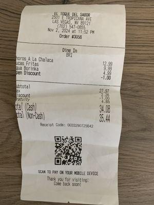 Receipt - $1 was credit for overcharge; you could see $4.99 For a simple bottle of water; You can see dining time, 11:52 PM and the rest