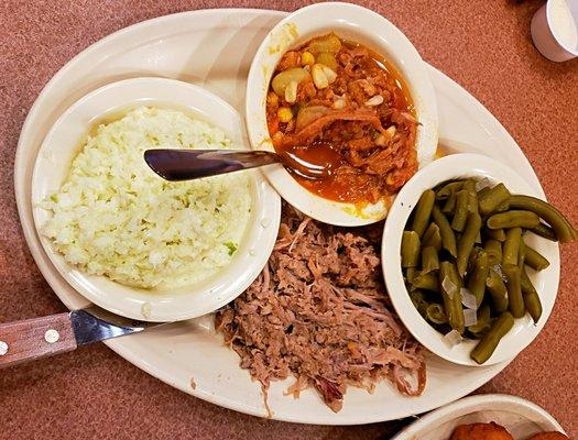 Chopped pork, brunswick stew, cole slaw & green beans