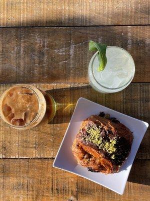 Chocolate croissant, iced americano, mint lemonade