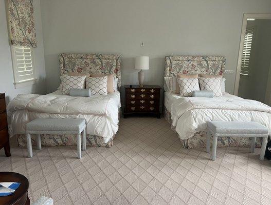 Bedding, custom made benches and drapery