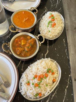 Rice, Chicken Tikka Masala, Chicken Vindaloo