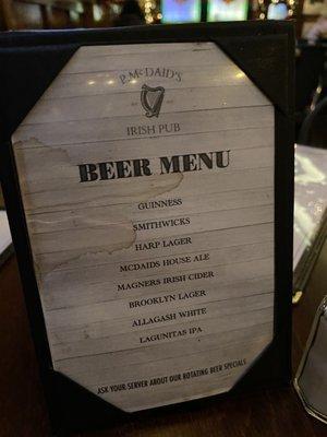 Beer list menu