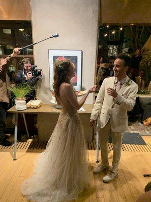 cake cutting in the inside dance/dining area, with the doors opened onto the patio to keep everyone connected! something for everyone :).