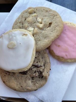 Lemon, strawberry, almond, macadamia, and chocolate chip cookies.