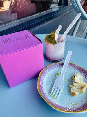 Quiche devoured before picture taken, French mixed berry yogurt (already stirred), lemon meringue tart in to-go box.