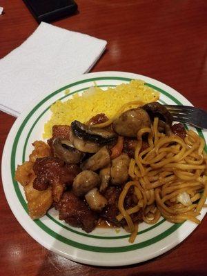 My ultimate favorite choices from this buffet! Vegetable fried rice, pineapple chicken, noodles, and general sous chicken.