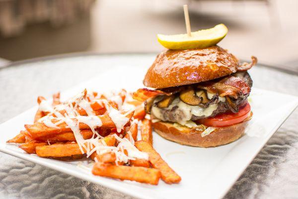 the Glowbal Burger with Sweet Potato Fries