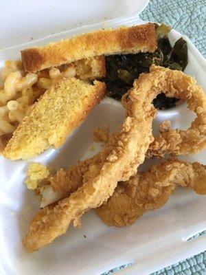 Fish, greens, mac and cornbread