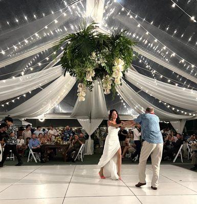 Check out the gorgeous tent and swag! Here I am, dancing with my pop!