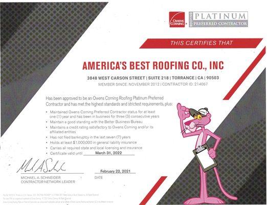 Certified Platinum Preferred Contractor