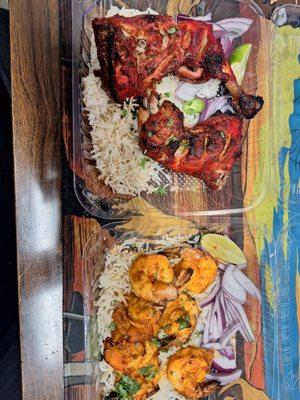 Tandoori Chicken and Tandoori Shrimp. Both seasoned to be spicy.