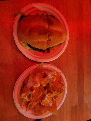 Chips and cheese, chorizo torta