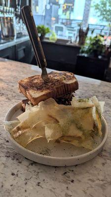 Lamb Burger and Yucca Chips.