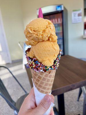 Mango Ice Cream in a Waffle Cone