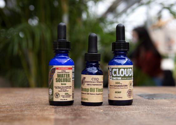 Hemp tinctures in a variety of formulations - water soluble, cloud, and oil